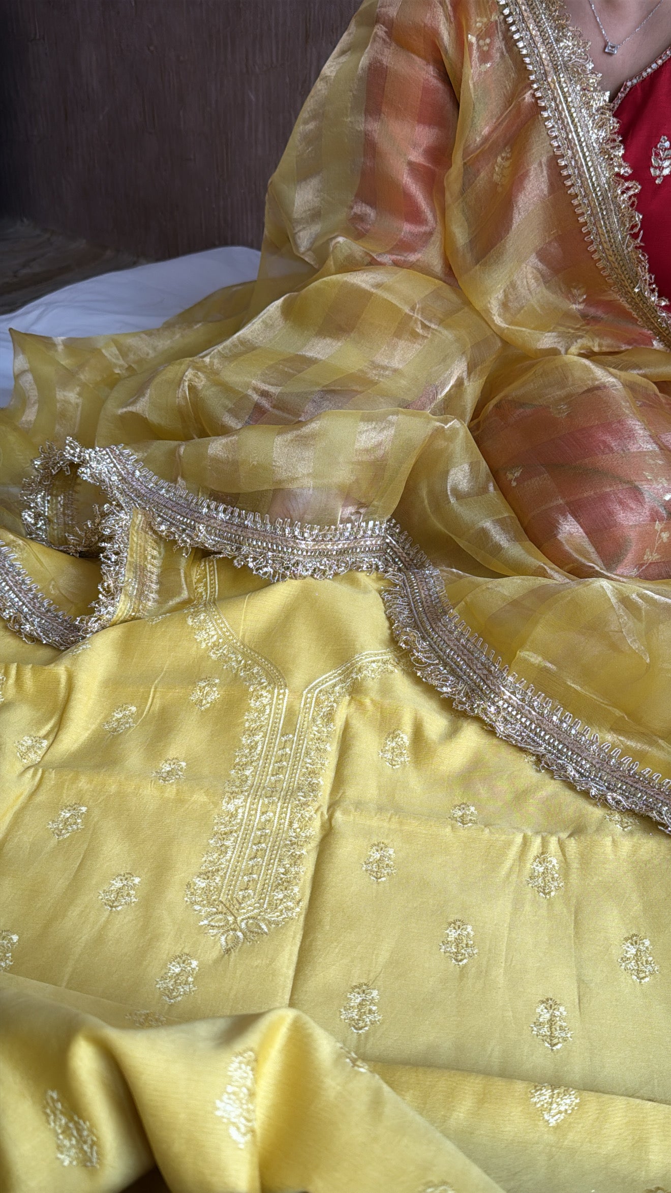 Banarasi cotton silk hand embroidered kurta paired with kora tissue striped duppata set